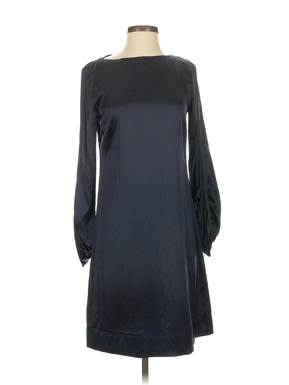 ELIE TAHARI Bergdorf Goodman Navy Silk Satin Ruched Sleeve Shift Dress, Size 8